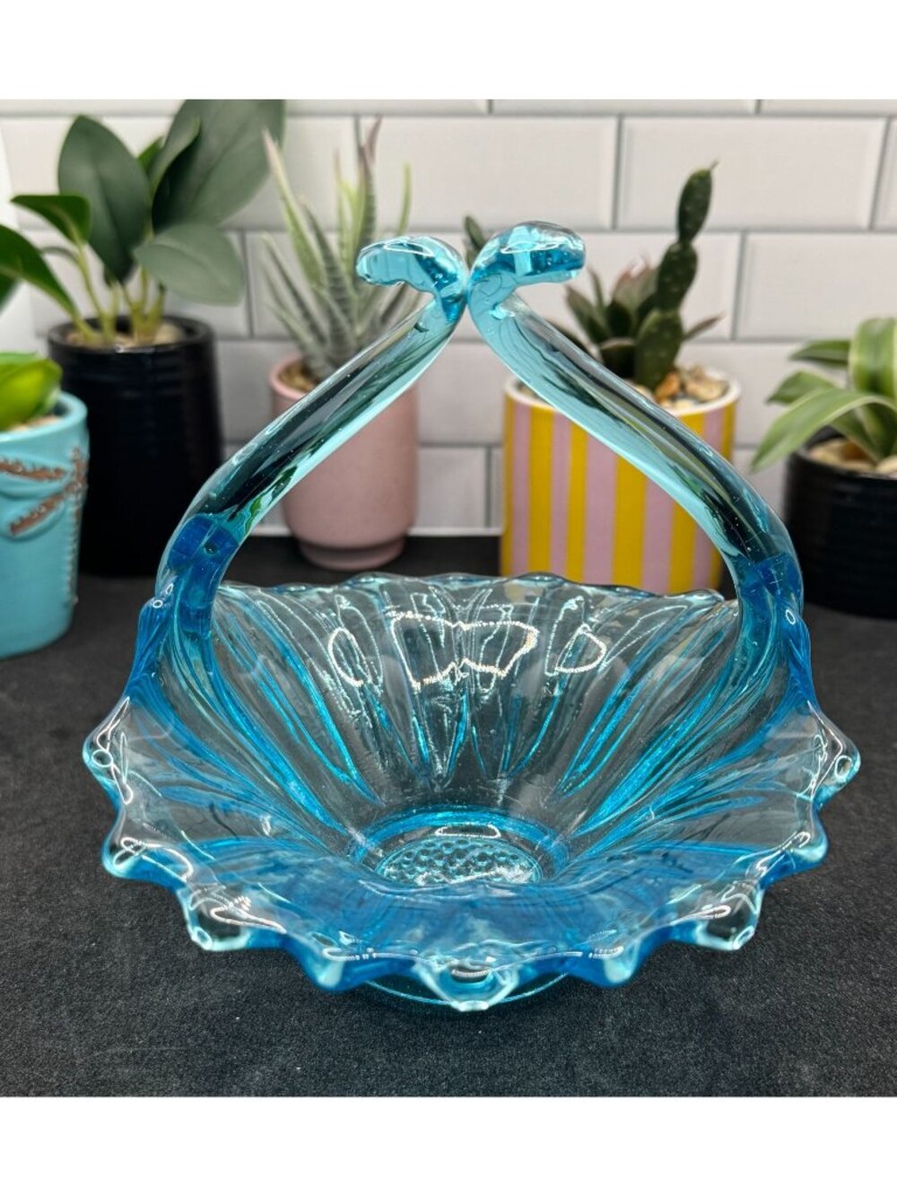 Vintage Blue Glass Split Handle Basket